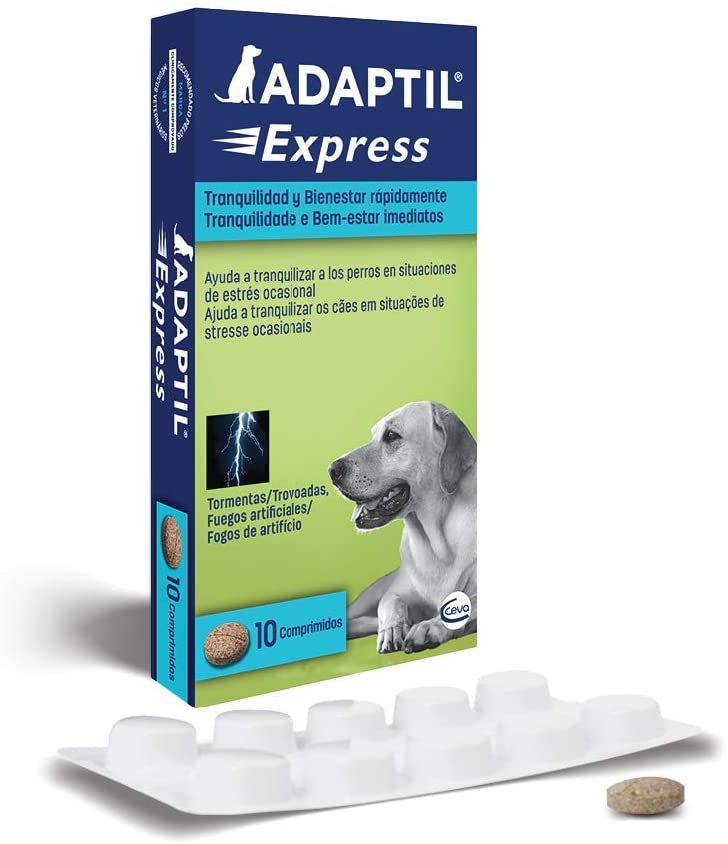  ADAPTIL Express - Tranquiliza a los perros de forma rápida - Tormentas, Fuegos artificales, Petardos, Fiestas, Viajes, Miedos, Visitas al veterinario - Caja de 10 comprimidos 