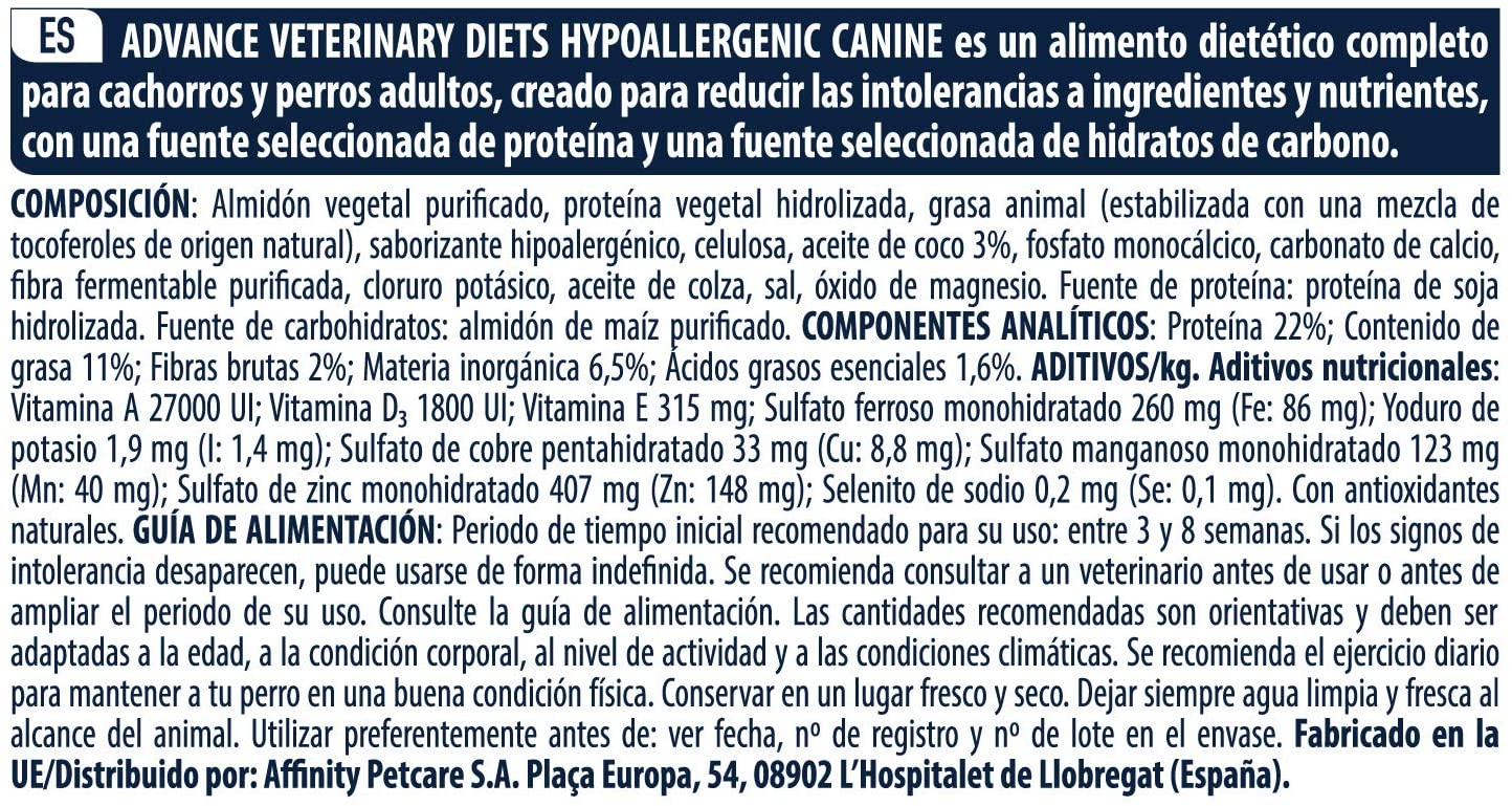  Advance Avance Veterinary Diets Hypoallergenic - Pienso hipoalergénico para Perros con intolerancias alimentarias - 2.5 kg 