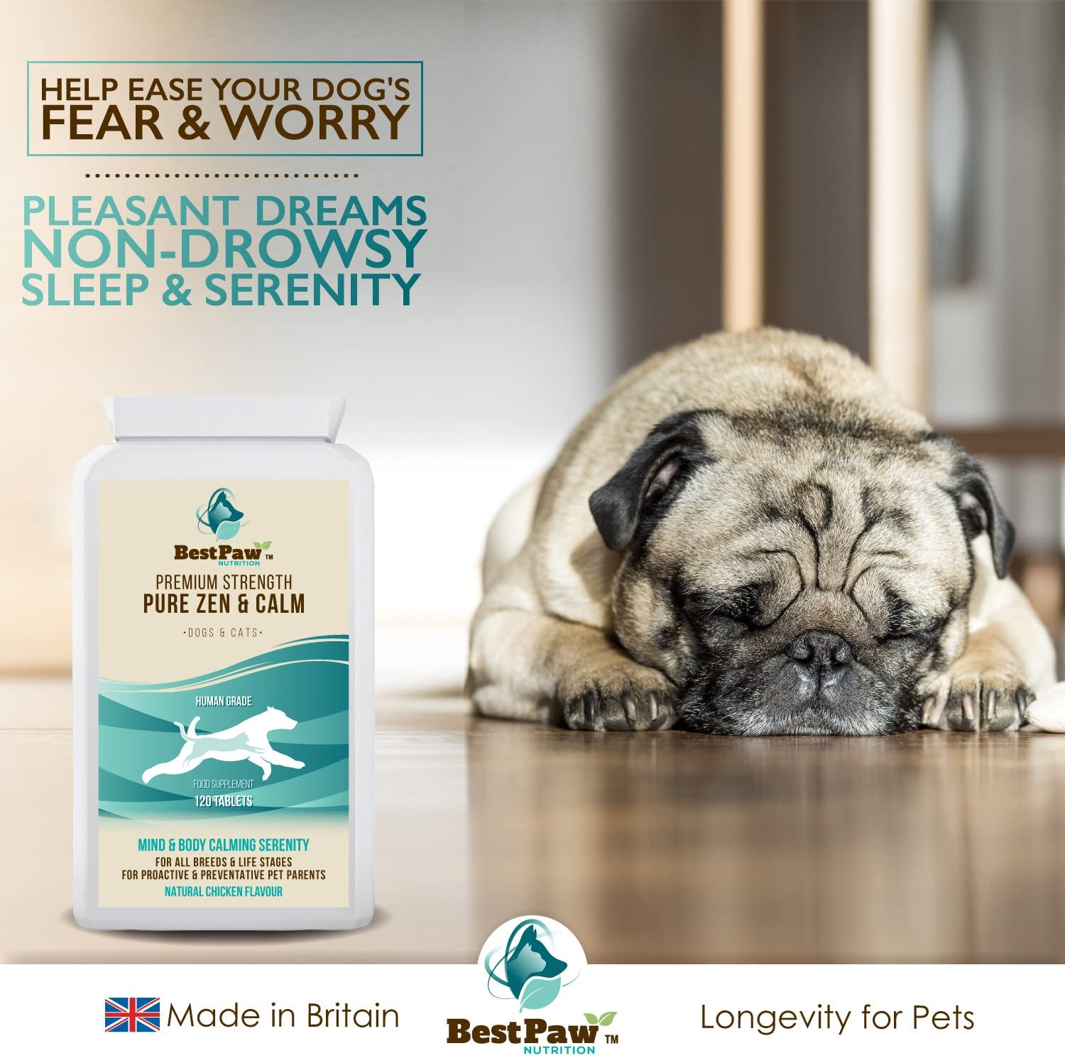  Best Paw Nutrition - Pastillas calmantes para Perros 120 Pastillas relajantes de acción rápida y Alivio de la ansiedad para Perros ansiosos - Calming Tablets For Dogs 