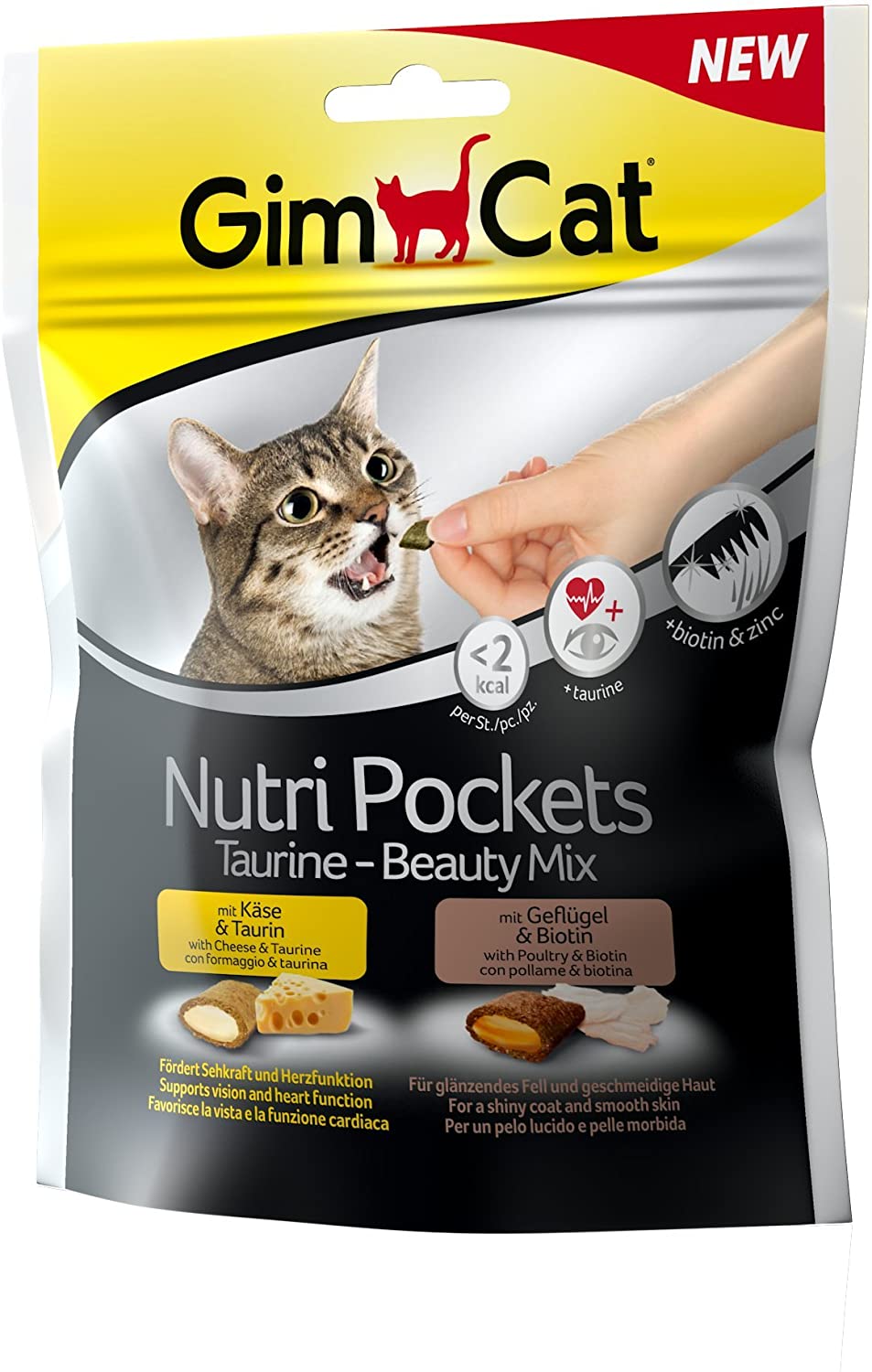  GimCat Nutri Pockets – Snack crujiente para gatos: provisto de relleno cremoso e ingredientes funcionales – Sin azúcar añadido – Mezcla Beauty de taurina – 1 bolsa (1 x 150 g) 