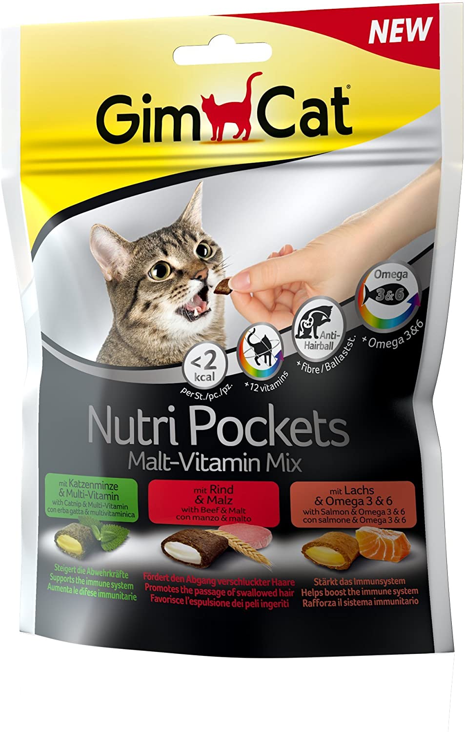  GimCat Nutri Pockets – Snack crujiente para gatos: provisto de relleno cremoso e ingredientes funcionales – Sin azúcar añadido – Mezcla de malta y vitaminas – 1 bolsa (1 x 150 g) 