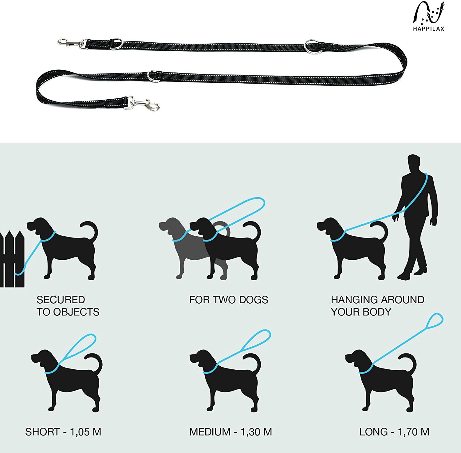  Happilax correa perro multiposición, ajustable en 3 longitudes o doble para 2 perros, negra, 2 m 