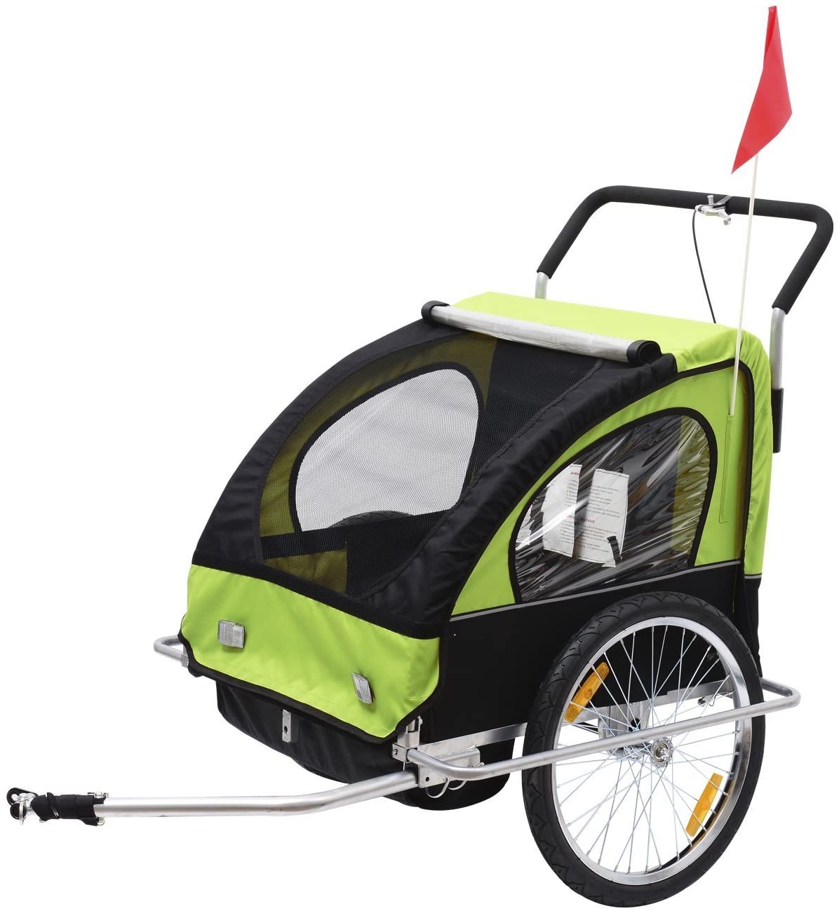  HOMCOM Remolque para Niños Dos PLAZAS con Amortiguadores Carro para Bicicleta con Barra INCLUIDA y Kit de Footing Color Verde y Negro 