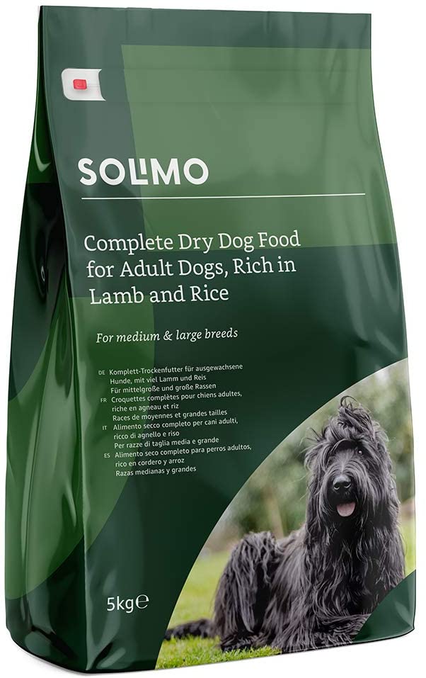 Marca Amazon - Solimo - Alimento seco completo para perro adulto rico en cordero y arroz, 1 Pack de 5 kg 