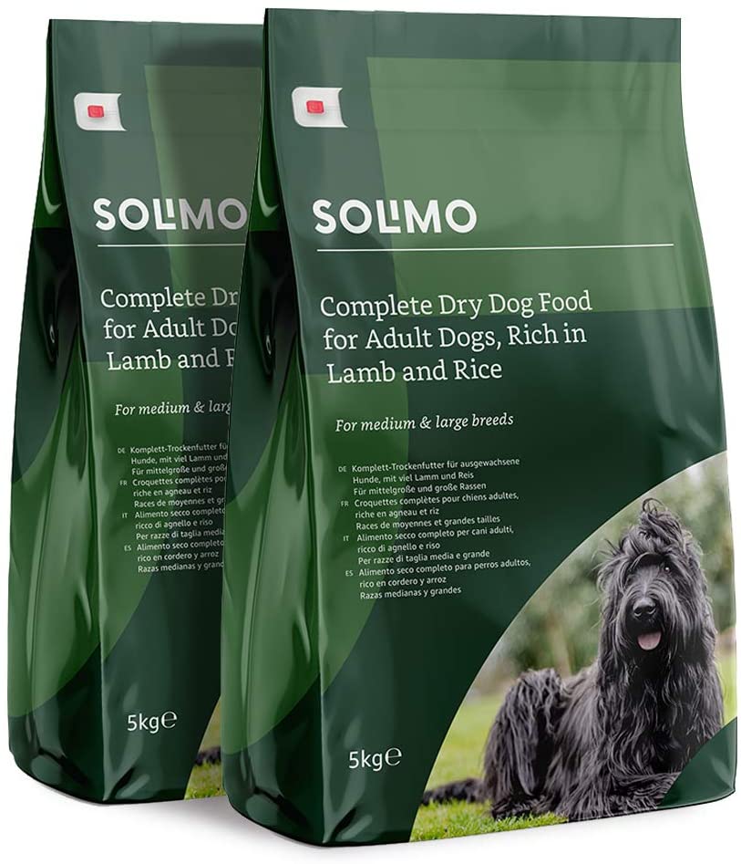  Marca Amazon - Solimo - Alimento seco completo para perro adulto rico en cordero y arroz, 2 Packs de 5kg 