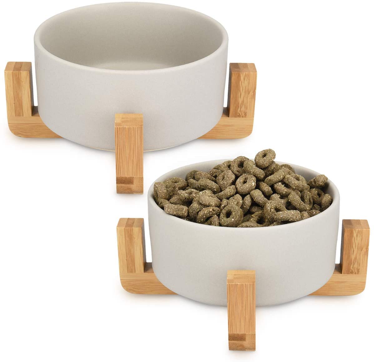  Navaris 2X Cuencos elevados para Mascotas - Comedero y Bebedero de cerámica para Perros Gatos Cachorros - con Soportes de bambú Antideslizante - en Gris 