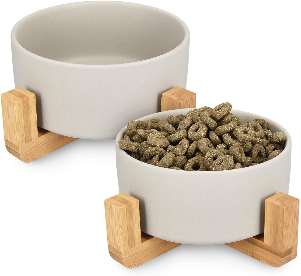  Navaris 2X Cuencos elevados para Mascotas - Comedero y Bebedero de cerámica para Perros Gatos Cachorros - con Soportes de bambú Antideslizante - en Gris 