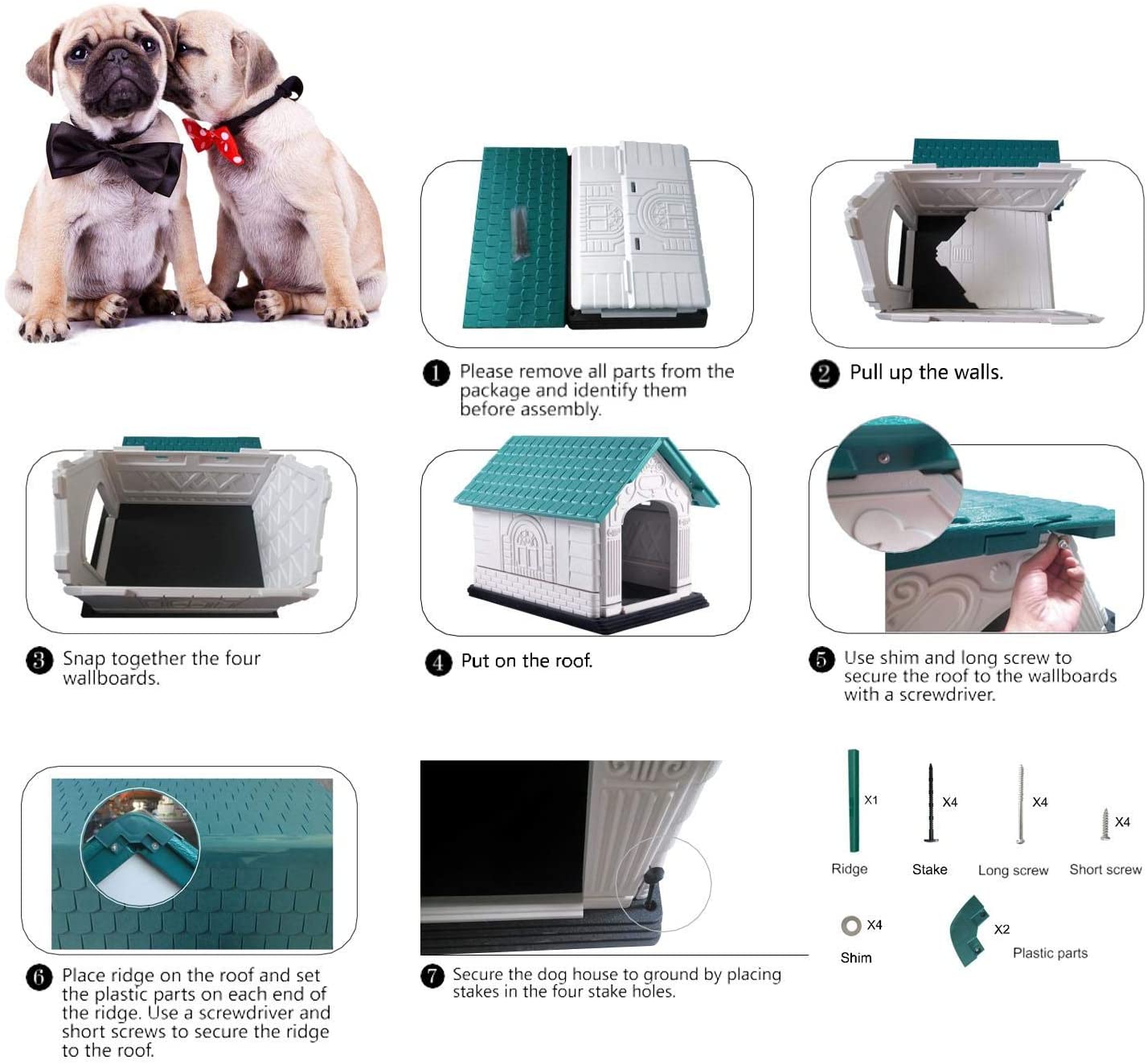  Nobleza - Caseta para Perros de Polipropileno Impermeable con tejado a Dos Aguas para Interior y Exterior. Blanco y Verde 