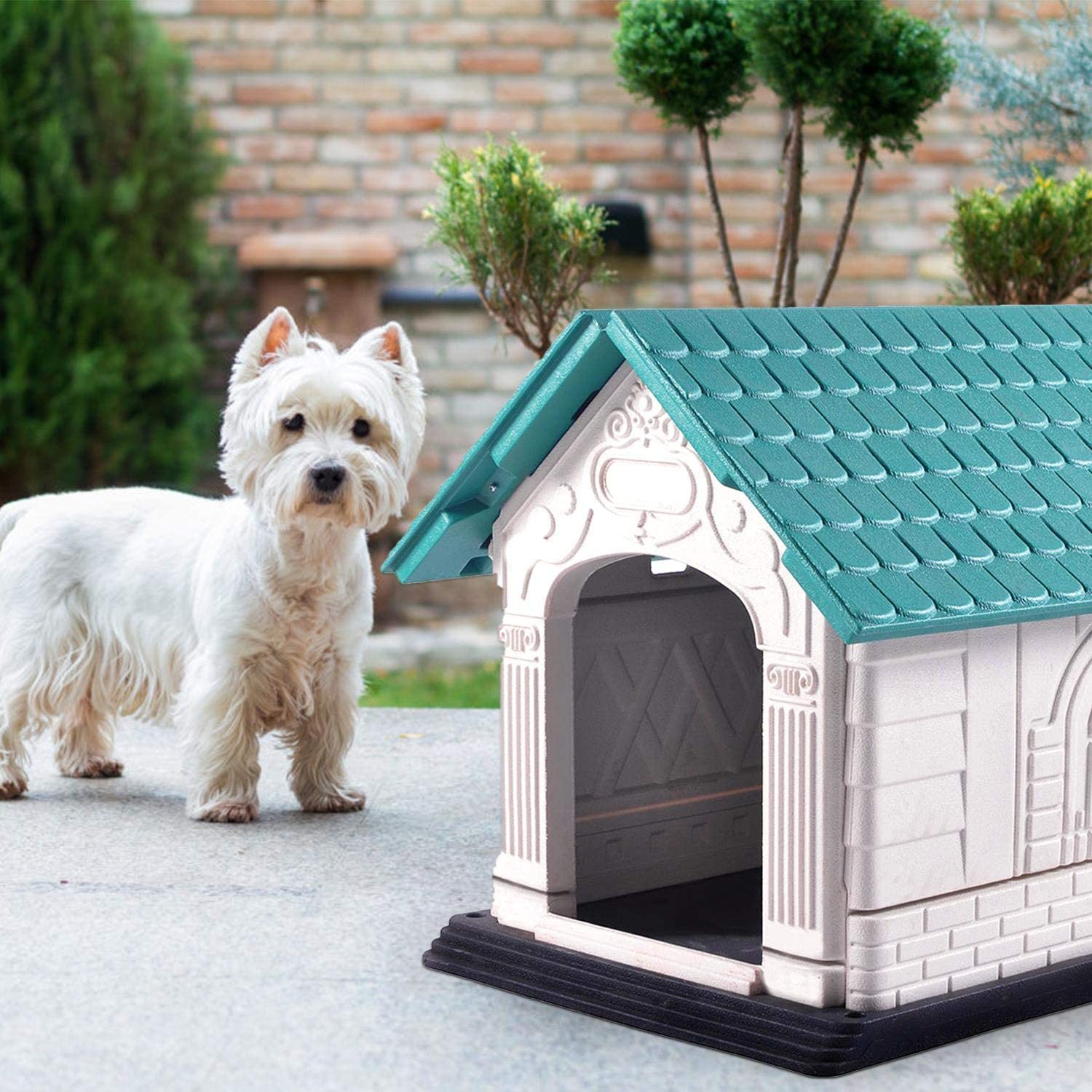  Nobleza - Caseta para Perros de Polipropileno Impermeable con tejado a Dos Aguas para Interior y Exterior. Blanco y Verde 