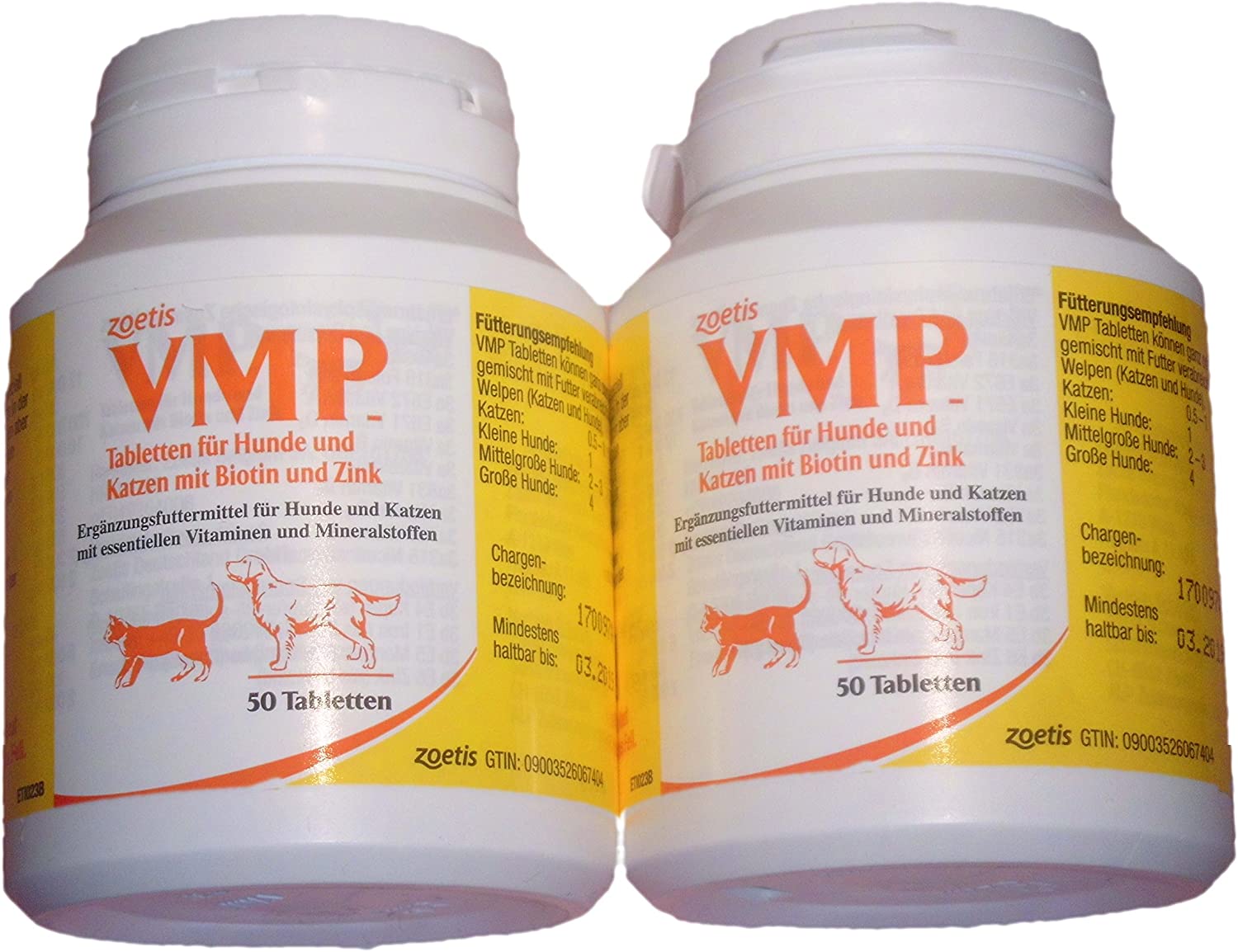  Pastillas para perros y gatos, de VMP; 2 botes de 50 pastillas, originales, alto contenido en biotina y zinc, para la piel, el pelaje, la estructura ósea y el estrés. 
