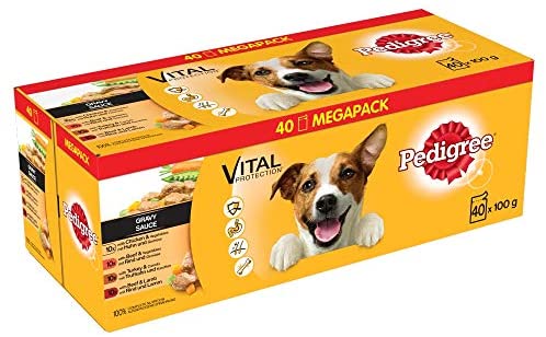  PEDIGREE Vital Protection – Comida para Perros en Bolsa, Salsa de Pollo, Ternera, Ave y Cordero, 40 x 100 g, Paquete Grande 