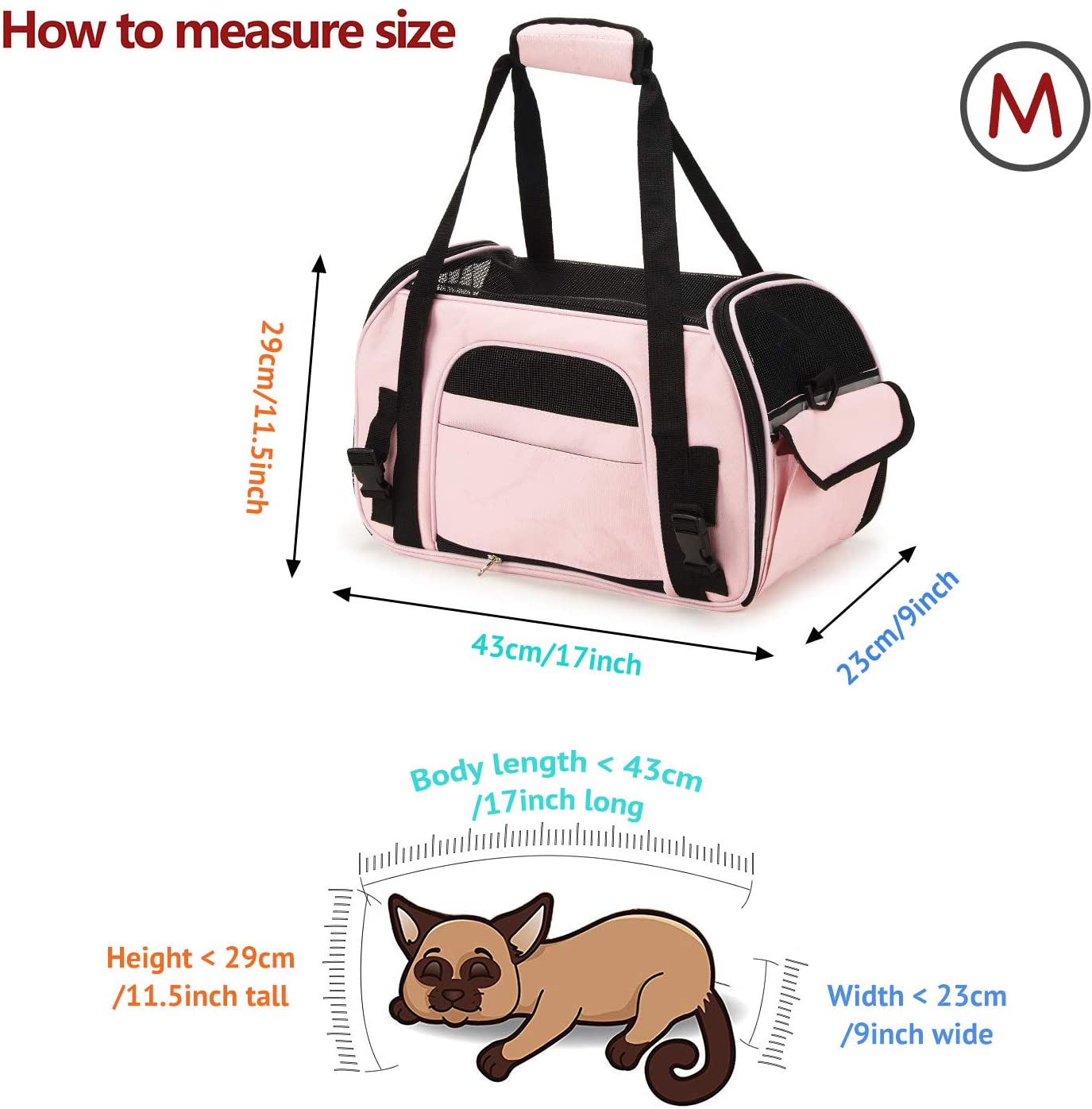  Petcomer Transportín para Perros Y Gatos Portador del Mascota Bolsa de Malla Transpirable de Viaje Bolso de Hombro(Rosa, M 43x23x29 cm) 