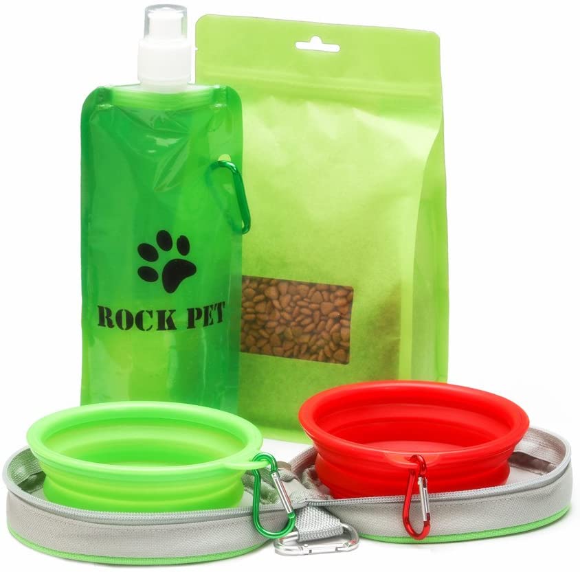 RockPet Comedero y Bebedero Plegable Portatil para Perro Gato Mascota para Viaje con Bolsa de Viaje 