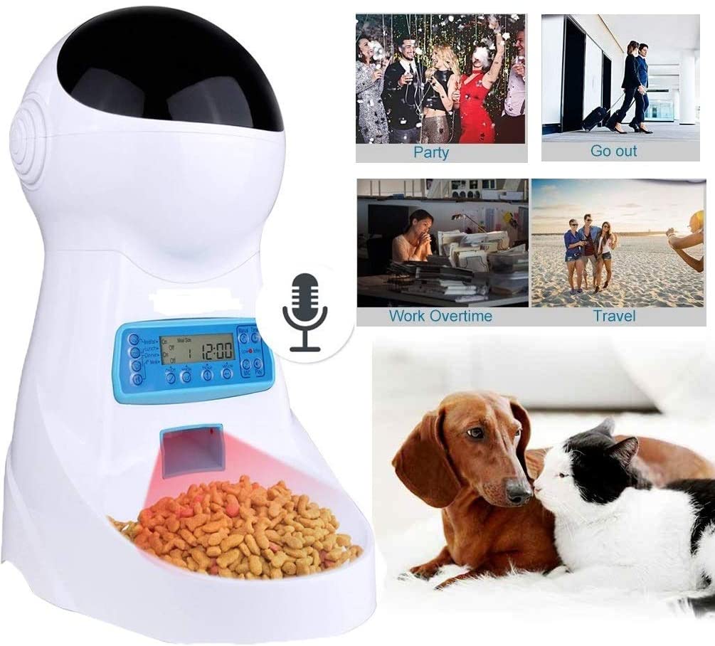  Sailnovo Dispensador Automático 4L de 4 Comidas Diarias para Mascotas Perros y Gatos, Comedero Automático con Grabación de Voz, Temporizador, Detección de Infrarrojos, Consumo de Energía Bajo 