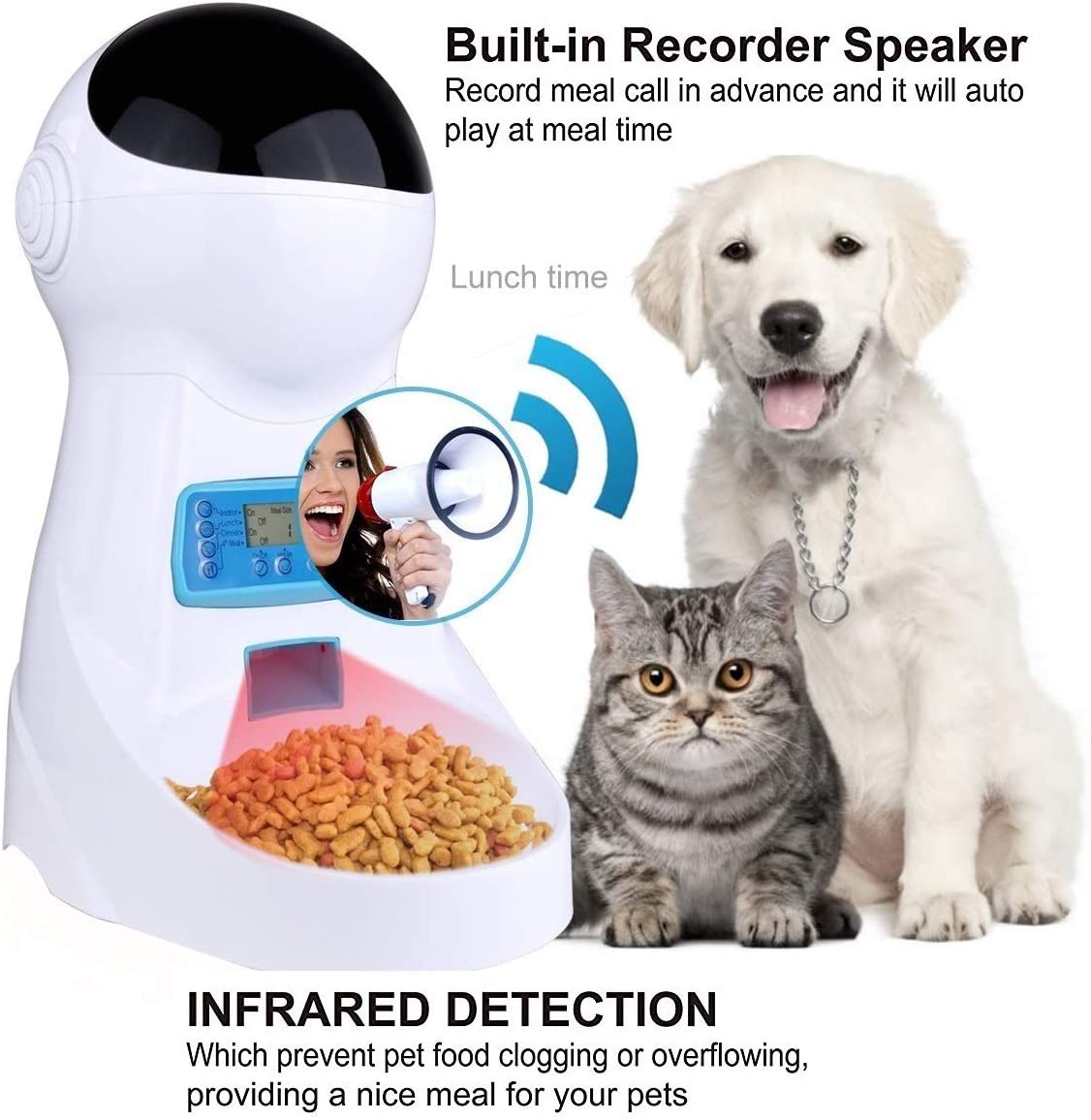  Sailnovo Dispensador Automático 4L de 4 Comidas Diarias para Mascotas Perros y Gatos, Comedero Automático con Grabación de Voz, Temporizador, Detección de Infrarrojos, Consumo de Energía Bajo 