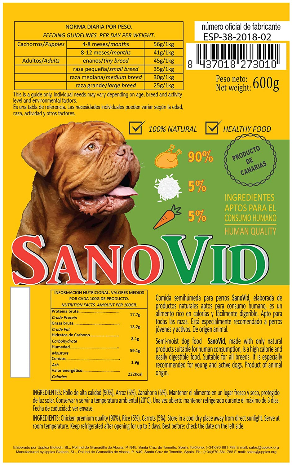  SanoVid Comida húmeda para Perros Pollo, Arroz & Zanahoria 100% Natural, 90% Carne de Pollo (1 Caja, 20x600g) 