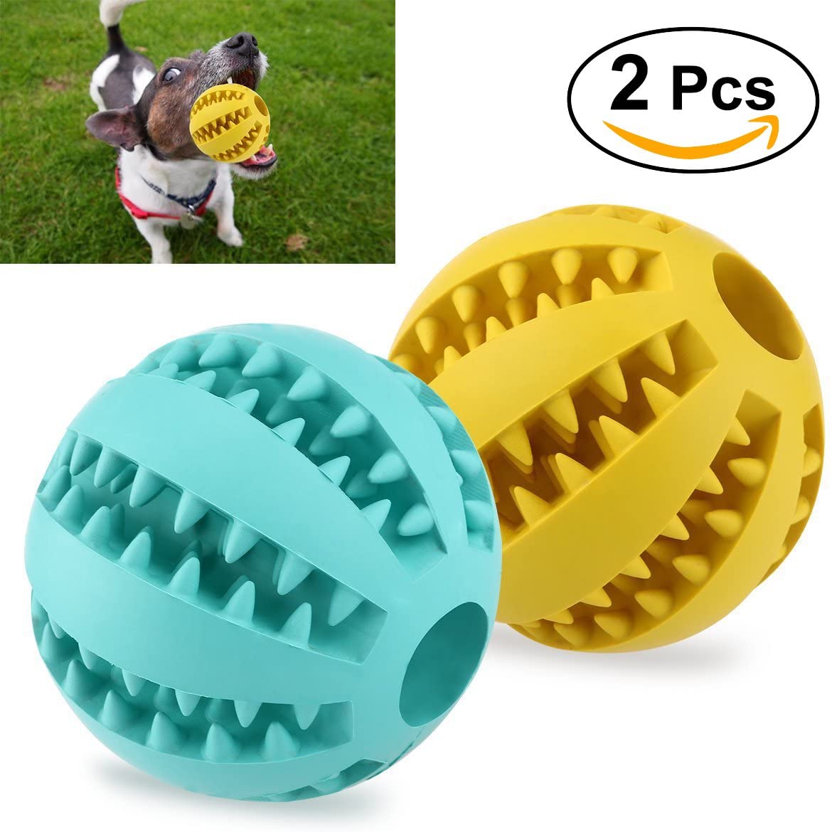  UEETEK 2pcs Juguete de goma masticar mascotas, Squeaker Squeeze Pet Ball juguetes, bola interactiva para mascotas perros masticar jugar Traning ejercicio, diámetro 7.1cm (amarillo + azul) 
