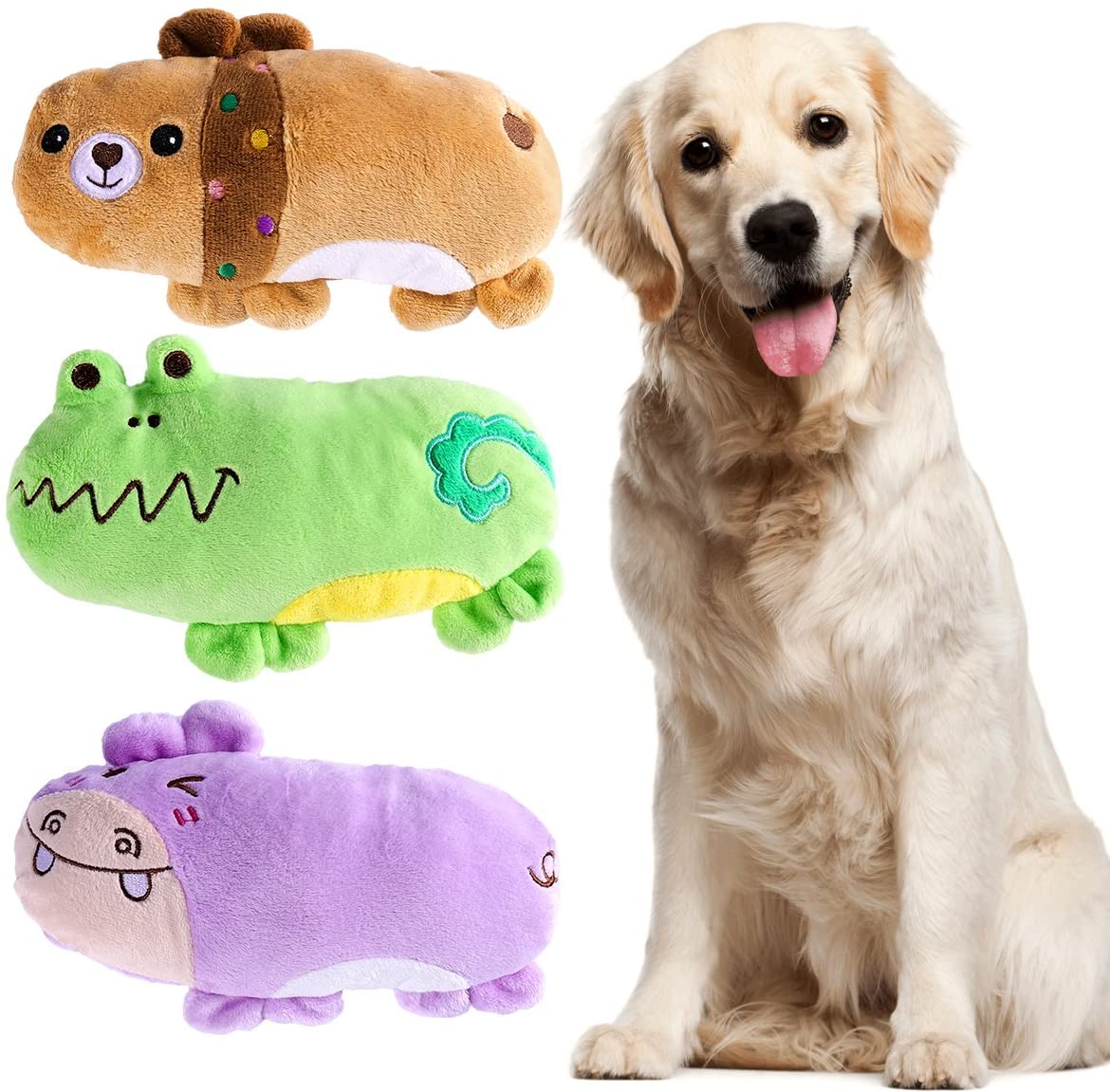  UEETEK Pack de 3 Squeaky Juguetes de Perros para Perros Cachorro, Oso Hipopótamo y Patrón de Rana Peluche Perros Chirrido Juguetes 