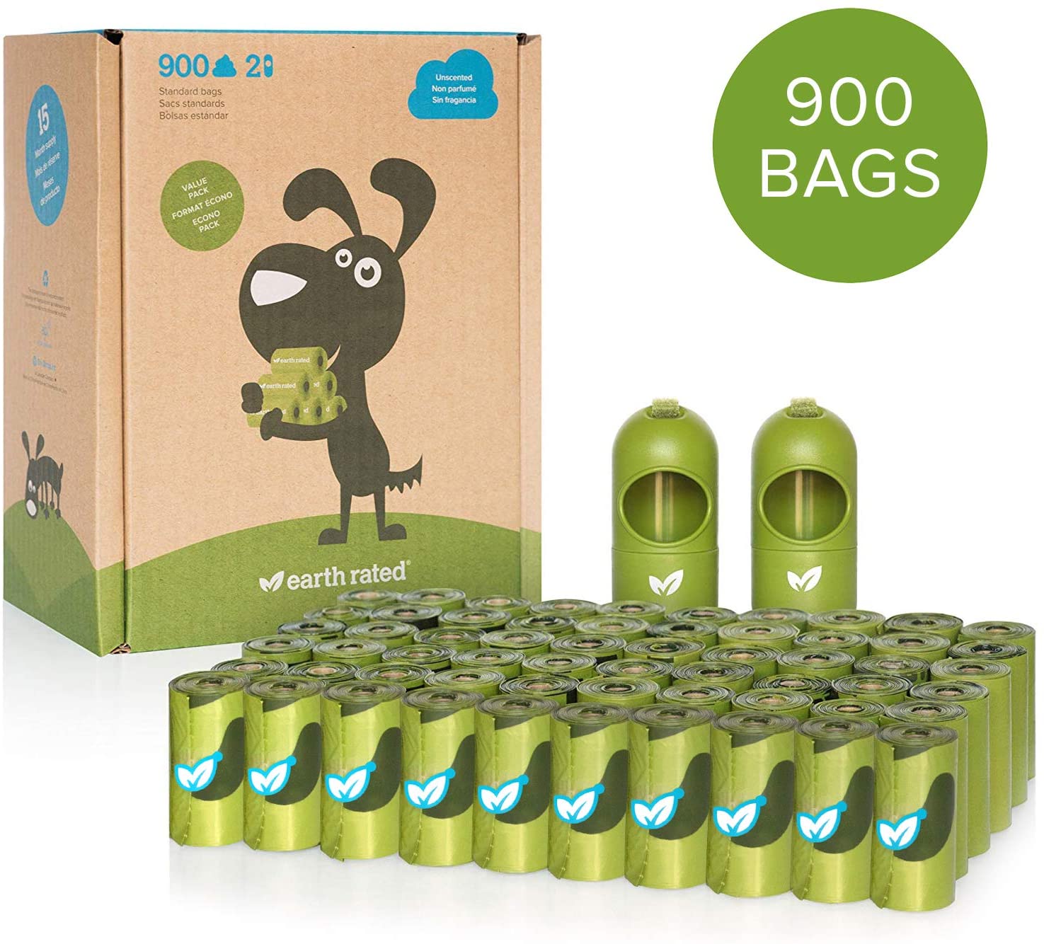  Earth Rated DISPGREEN - Dispensador para bolsas de residuos para perros con 15 bolsas biodegradables de popa y lavanda 