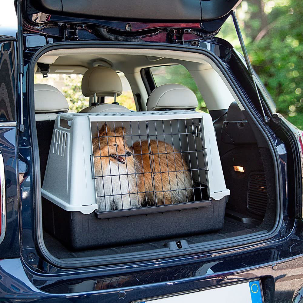  Ferplast Atlas Car 100 – Minitransportín de Mascotas para Coche, Caja de plástico para Perros y Gatos, con una práctica Puerta corredera bidireccional y Compartimento para Accesorios 