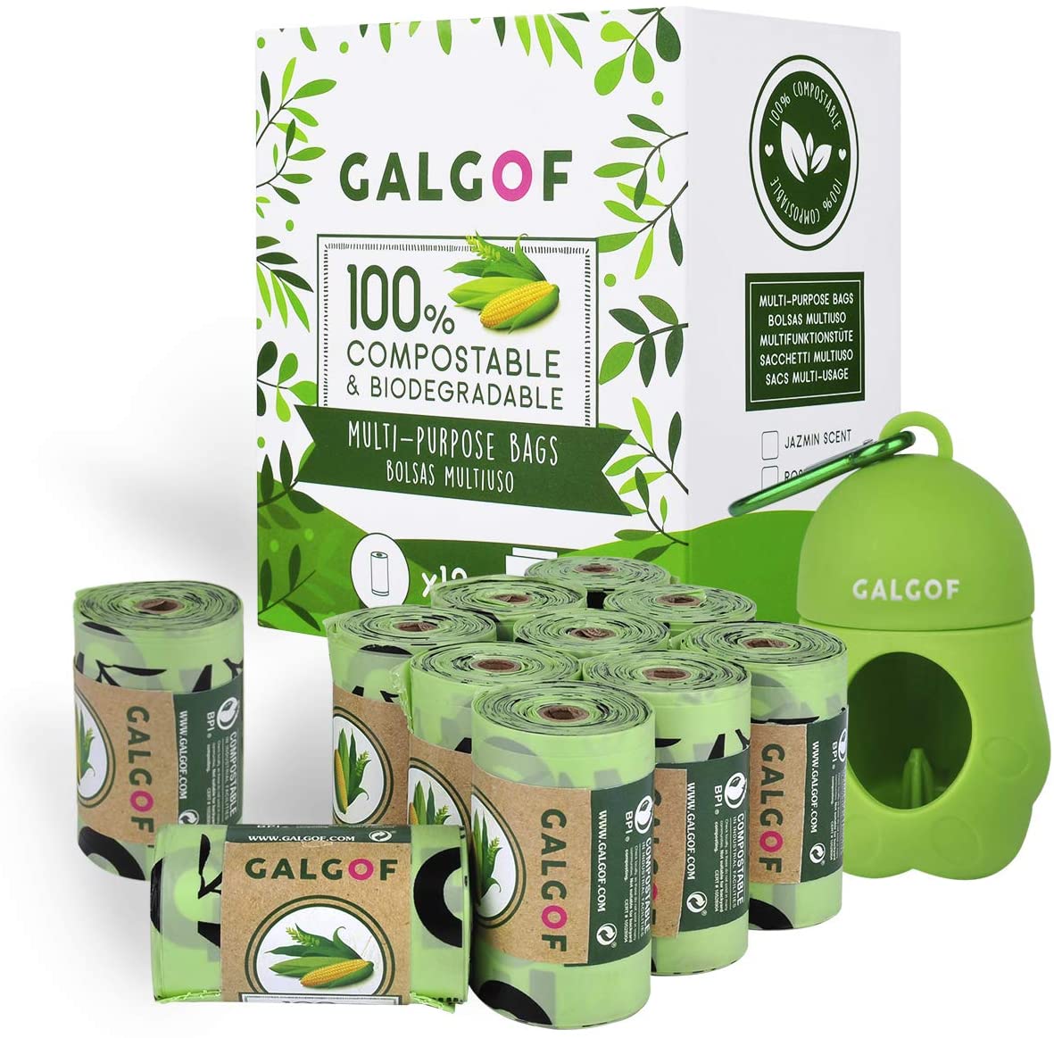  GALGOF Bolsas de Basura higiénicas y biodegradables para Perro + Dispensador. 10 Rollos perfumados, compostables y ecológicos para residuos y excrementos de Mascotas (180 uds) 