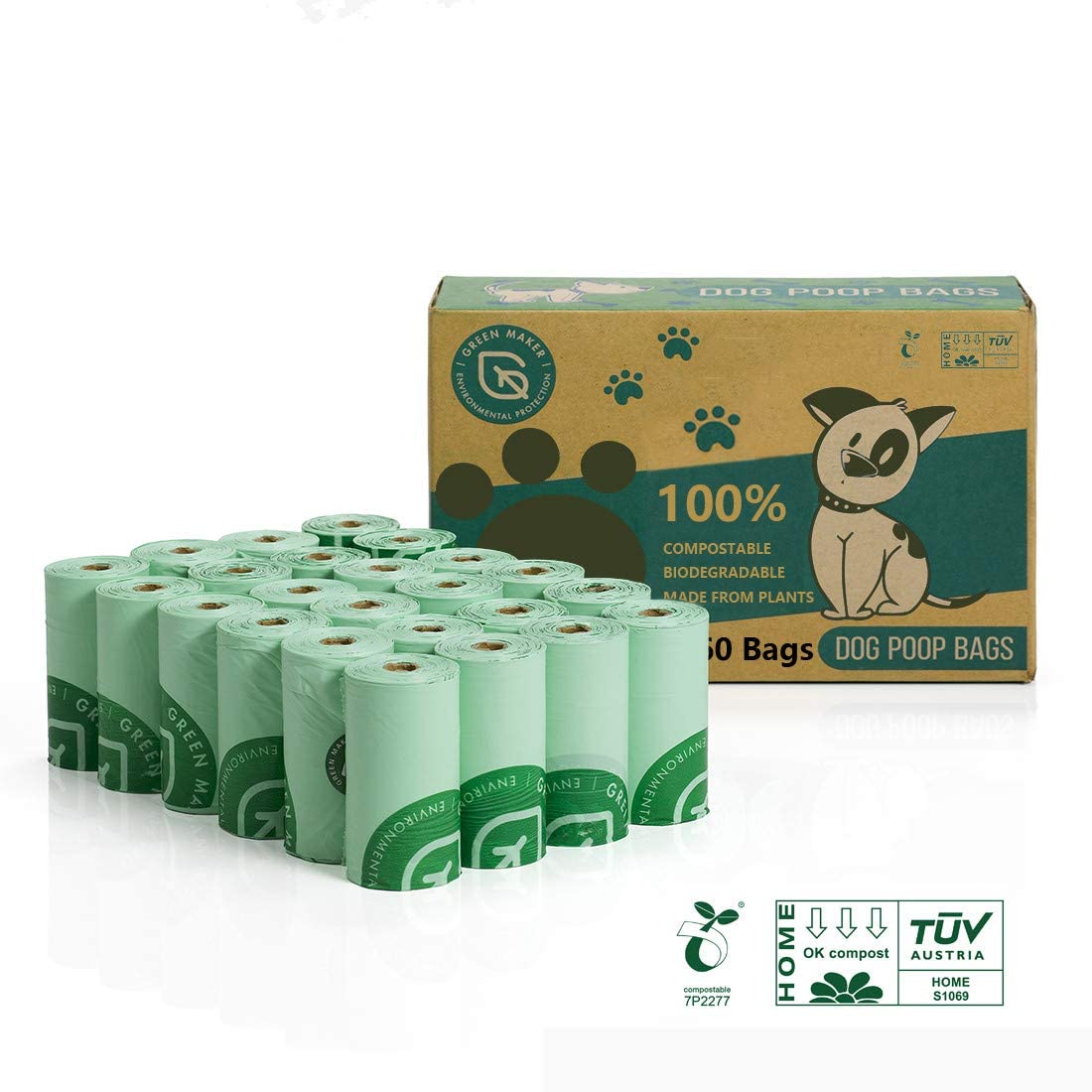  Green Maker 100% Biodegradables Caca Perro 360 Bolsas Excrementos Perros 30% más Grueso Que Otros Hechos de Almidón de Maíz con Certificación Europea EN13432 y Home Compost (Verde) 