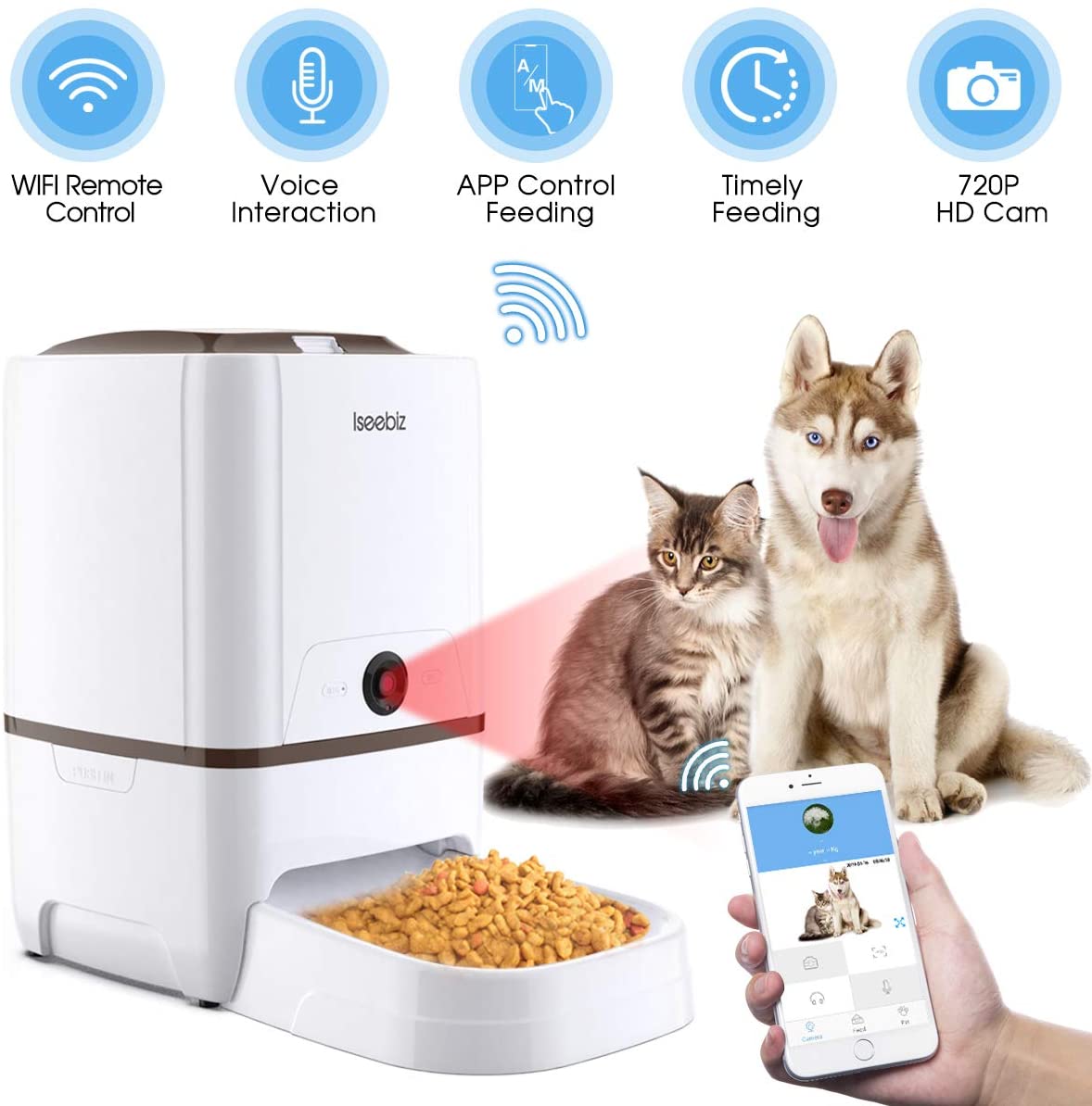  Iseebiz Comedero Automático Gatos/Perros con Cámara HD Dispensador de Comida WiFi con App Control ,Visión Nocturna 6litros 