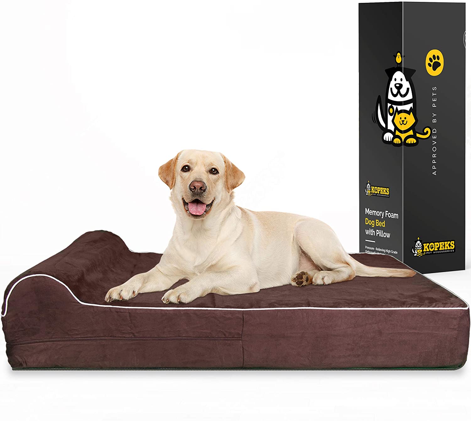  KOPEKS Cama Extra Grande para Perros Mascotas con Memoria Viscoelástica Ortopédico 127 x 85 x 18 cm más la almohada - XL - Marrón 