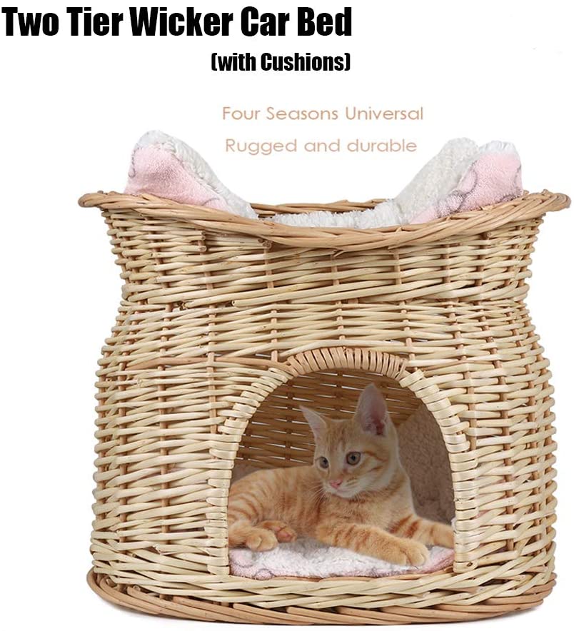  LOSY PET Cama de Mimbre para Gatos Cesta de 2 Niveles para Mascotas Perros Gatos con 2 Cojines Suaves Color Beige 
