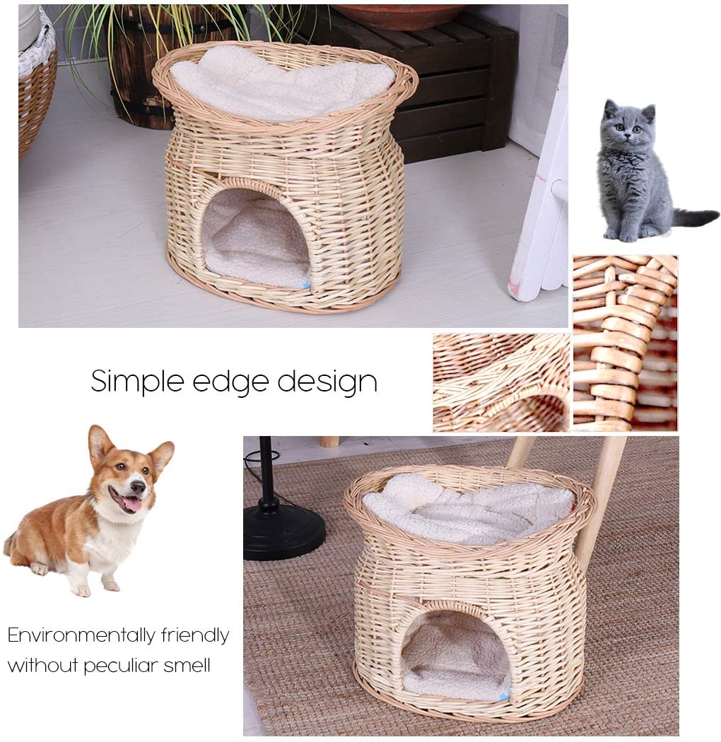  LOSY PET Cama de Mimbre para Gatos Cesta de 2 Niveles para Mascotas Perros Gatos con 2 Cojines Suaves Color Beige 