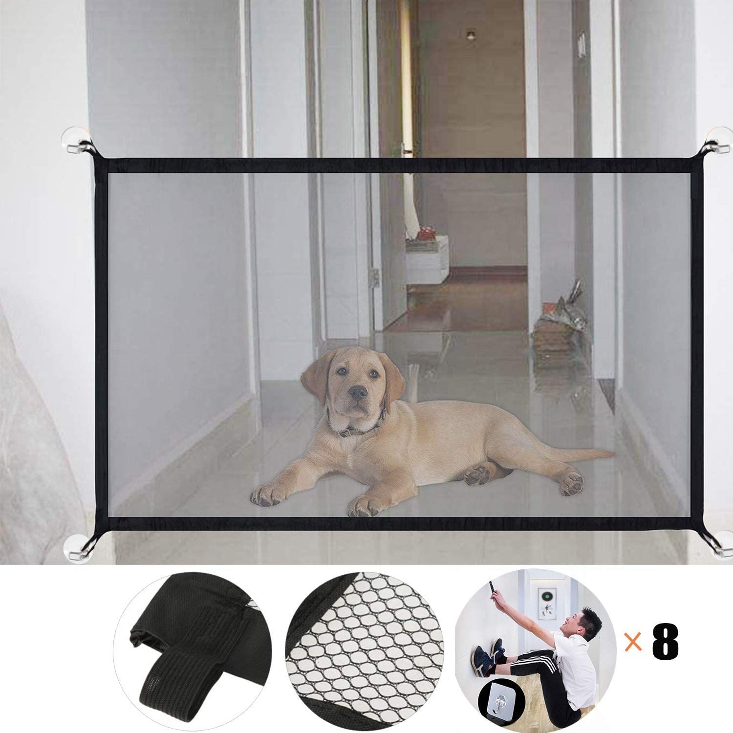  Magic Pet Safety Gate Barrera de Seguridad para Mascotas Portátil y plegable Safe Guard Cerramiento de seguridad para mascotas Dog Cat Fences (Negro) 