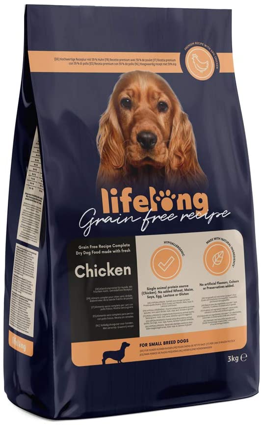  Marca Amazon - Lifelong Alimento seco completo para perros de razas pequeñas con pollo fresco, receta sin cereales - 3kg 