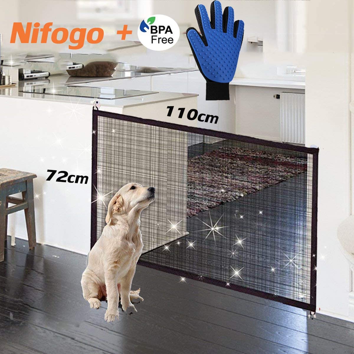  Nifogo Magic Gate Dog, Barrera de Seguridad para Perro, Plegable Portátil Puerta de Seguridad Aislada para Perros y Mascotas,Security Negro(110 x 72 cm) 