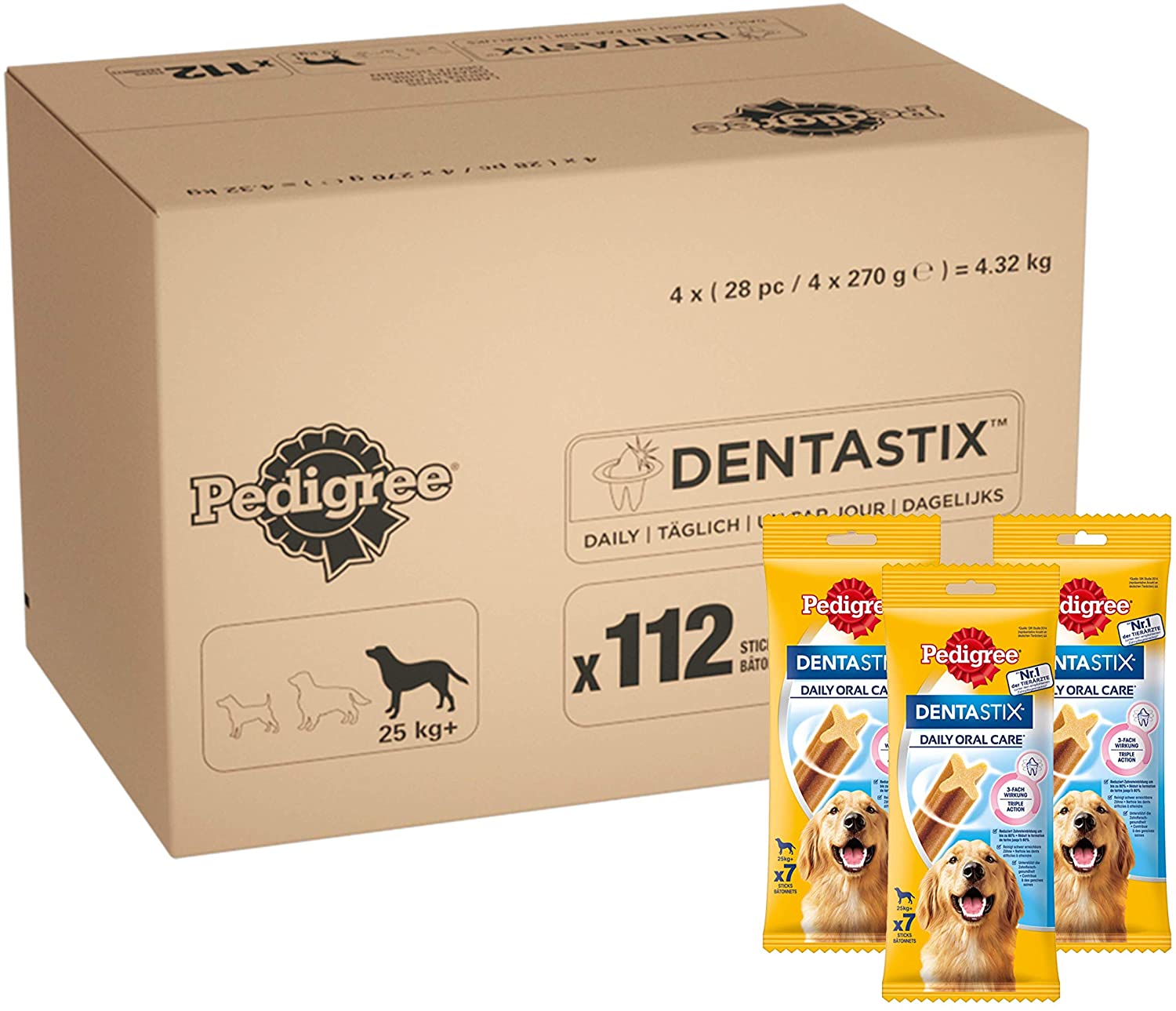  Pedigree - Barritas DentaSix para perros, 4x4x(7pc/270gr)= 4,32 kg .112 ud diaria para higiene oral 