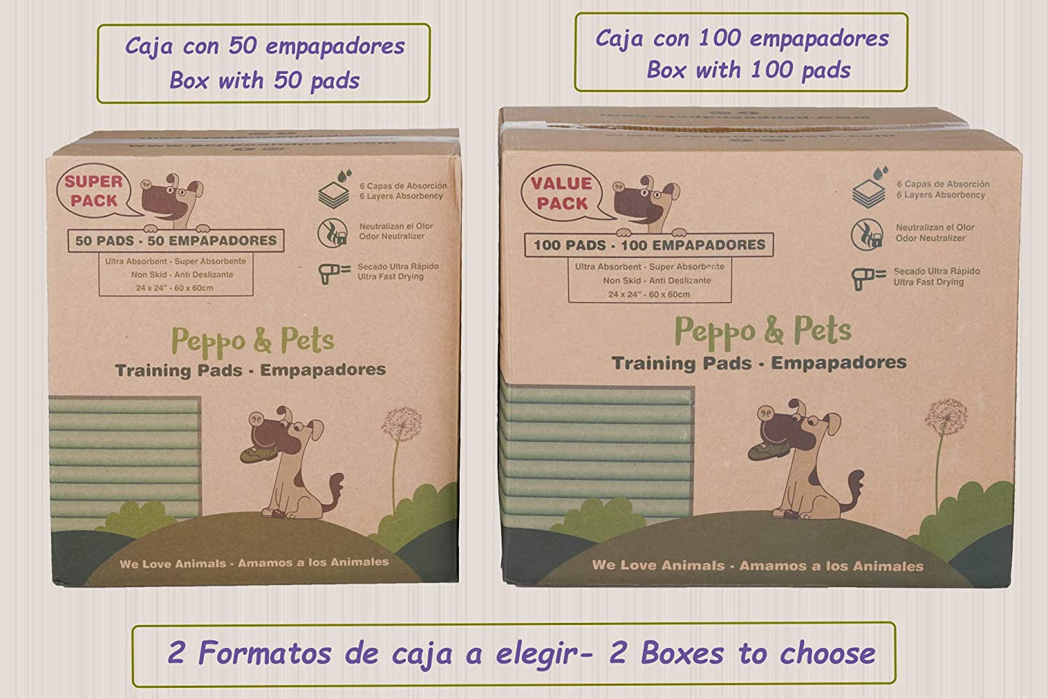 Peppo and Pets -100 empapadores para Entrenar Cachorros - 6 Capas - Súper absorbentes- 60 cm x 60 cm- Secado rápido 