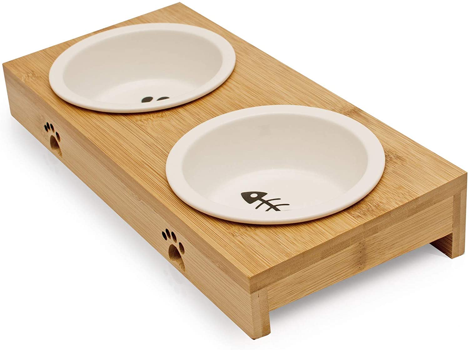  Pfotenolymp® Comedero para gatos hecho de Bambú / Madera - 2 Tazones para su gato - Juego de Tazones hechos de cerámica en blanco, grande para el agua y la comida - Plato de alimentación elevado 