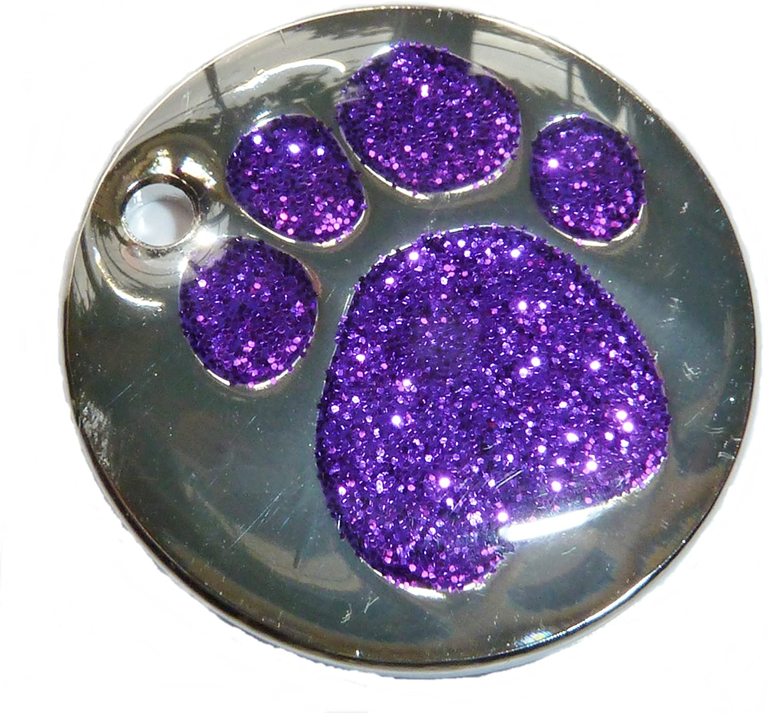  Placa de identificación para perro, grabado personalizado, diseño de huella de perro con purpurina, de 25 mm- 