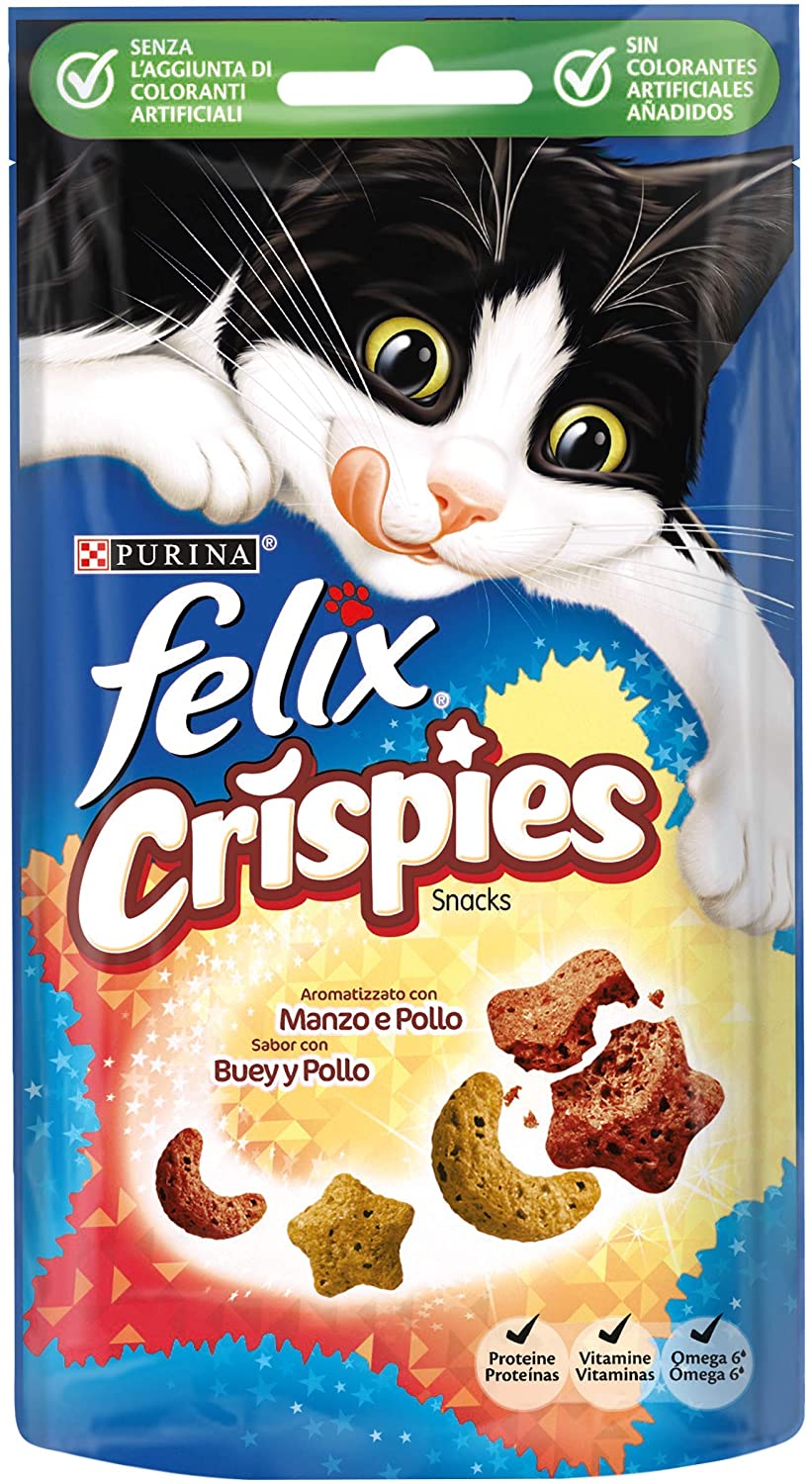  Purina Felix Party Mix Crispies Snacks, golosinas y chuches para gato Buey y Pollo 8 x 45 g 