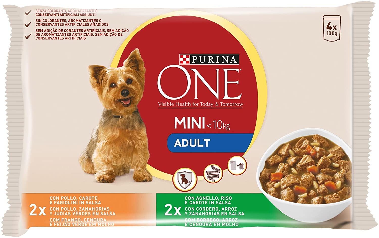  Purina ONE MINI comida para perros húmeda en Salsa Perro Adulto Pollo y Cordero 10 x [4 x 100 g] 