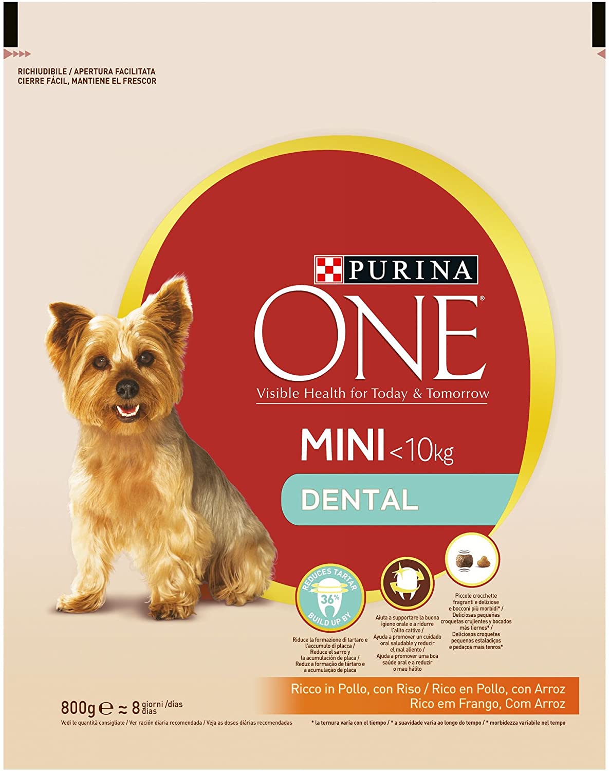  PURINA ONE Mini Dental Pienso para Perro Adulto Pollo y Arroz 8 x 800 g 