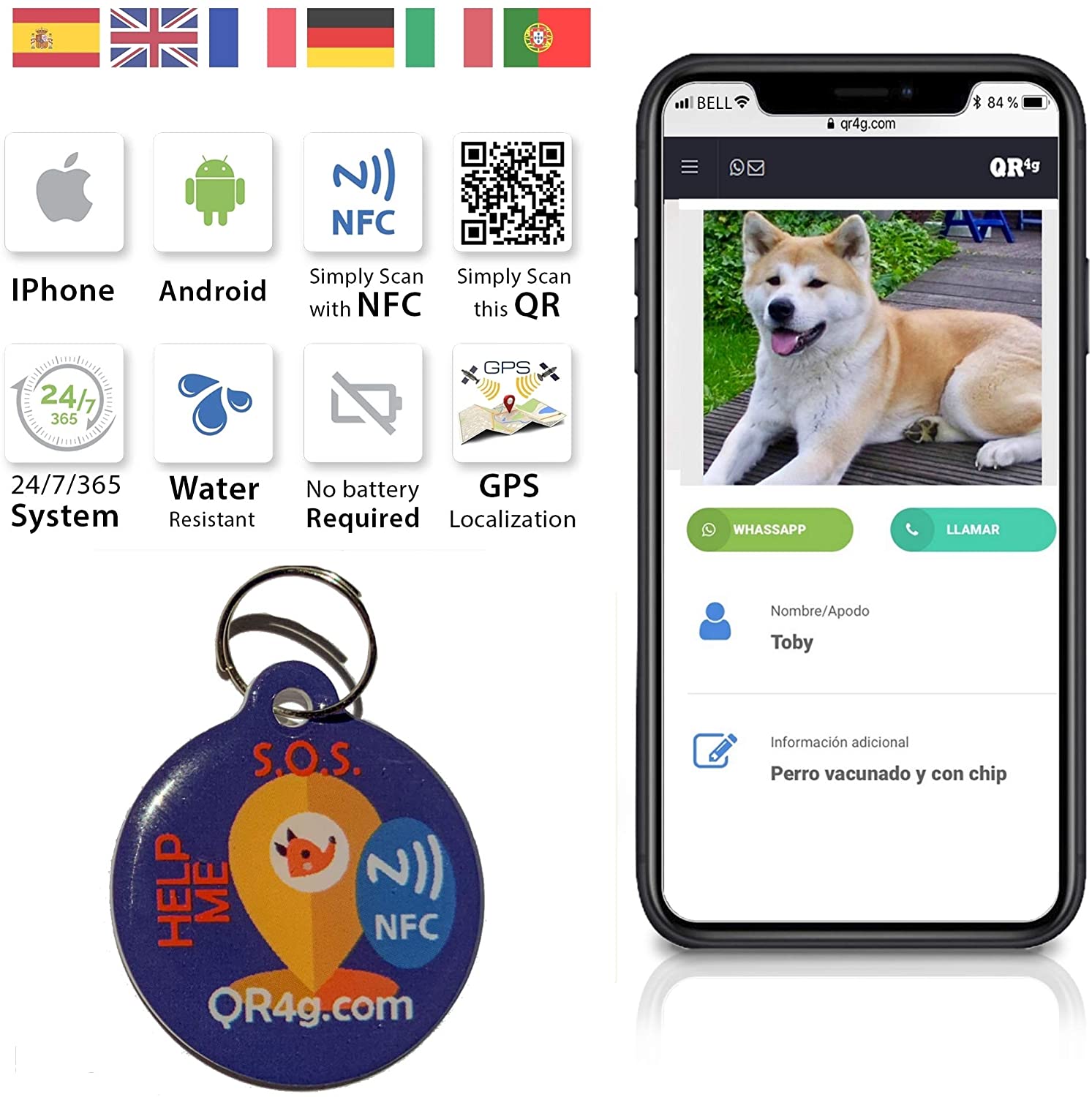  QR4G.com GPS Placa identificativa inteligente para mascotas (perros y gatos) con QR GPS 