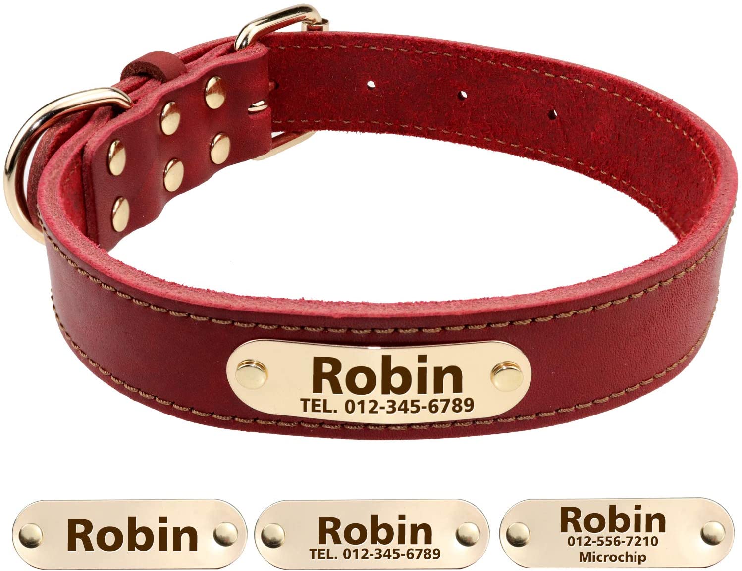  TagME Collar de Perro de Cuero Personalizado,Placa de Identificación Grabada con Nombre y número de Teléfono,Se Adapta a Perros Medianos,Rojo Coral 