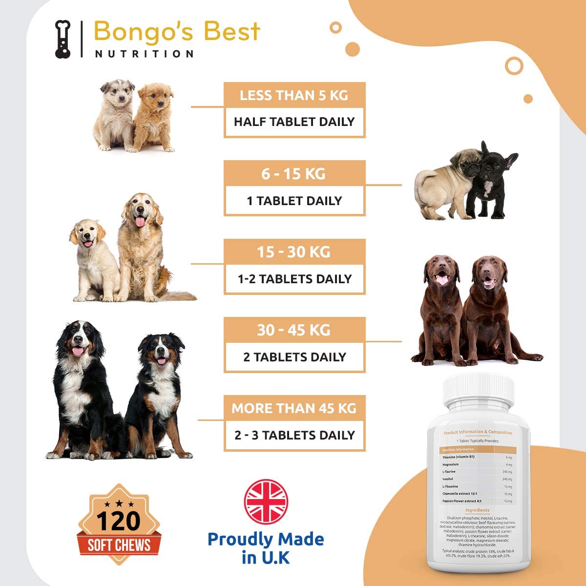  Tranquilizante canino de Bongo’s Best – Compuesto de taurina | Suplemento natural relajante para perros | Alivia la ansiedad por separación, estrés, viaje, náusea por movimiento y nerviosismo 