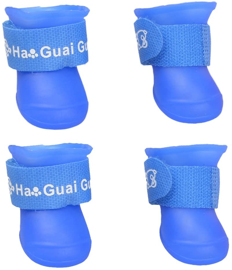  UEETEK Botas de lluvia para Perro mascota Colores dulces Zapatos de goma antideslizantes a prueba de agua para Pequeño perrito - Talla S (Azul) 
