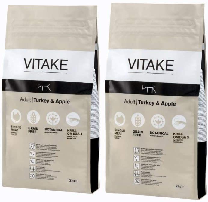  VITAKE Turkey & Apple I Alimento Seco Completo para Perros Adultos I Grain Free I con Pavo y Manzana I Hipoalergénico (2 x 2 kg) 