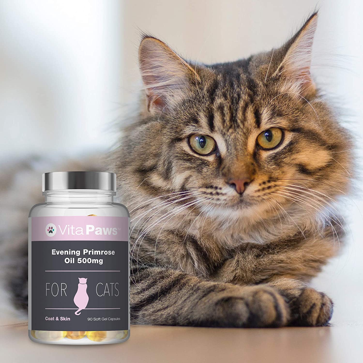 Aceite de Onagra 500mg para Gatos - ¡Bote para 3 meses! - 90 Perlas - VitaPaws 