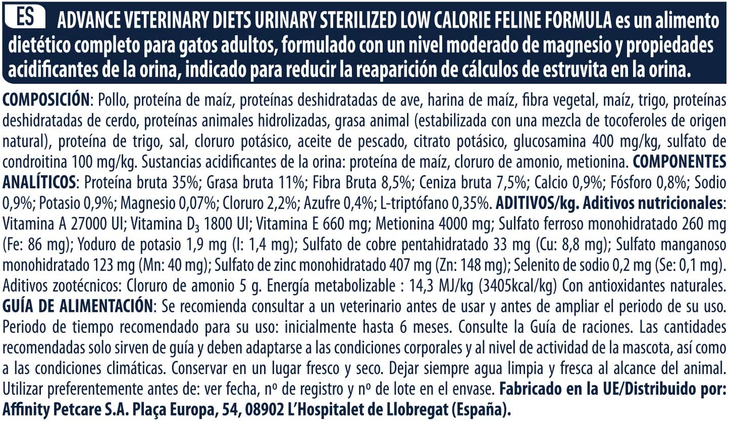  Advance Veterinary Diets Urinary Low Calorie - Pienso para Gatos, 1.25 kg 