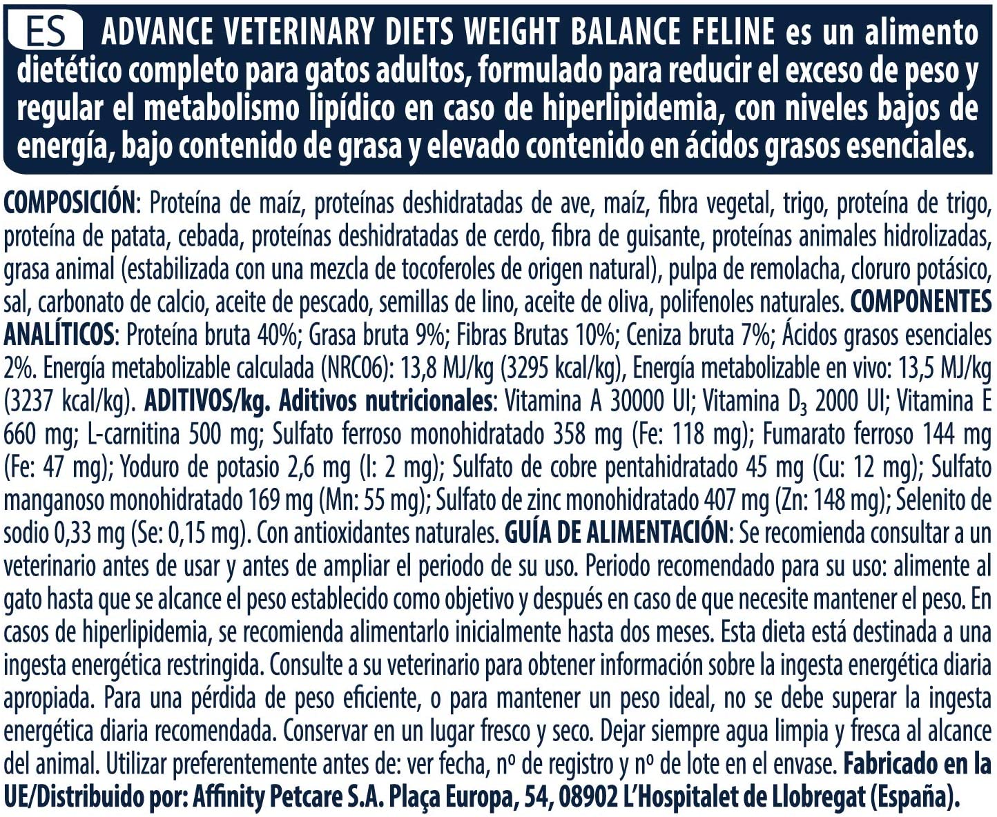  Advance Veterinary Diets Weight Balance - Pienso para Gatos con Tendencia a la obesidad - 8 kg 