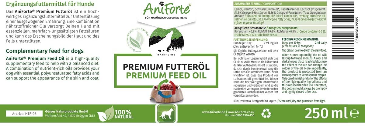 AniForte Premium Feed Oil 250ml - aceite premium prensado en frío, aditivo ideal para diestas BARF, aceite base de alta calidad y natural 