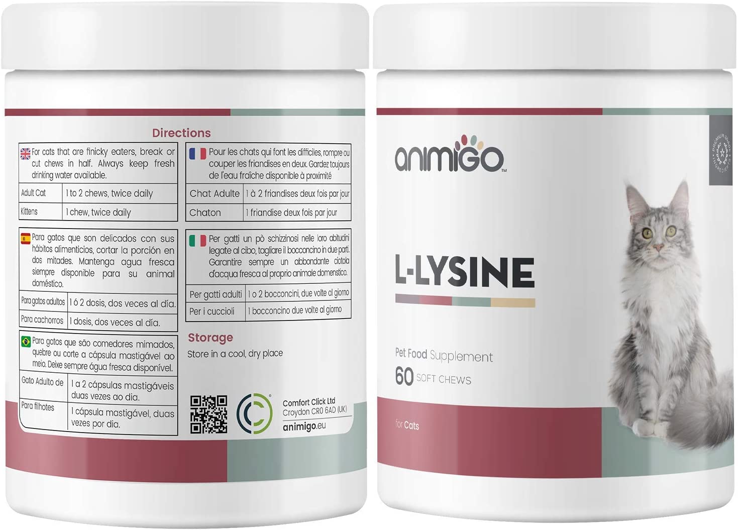  Animigo L-Lisina para Gatos | Suplemento Natural Inmunitario para la Defensa | L-Lisina, Levadura de Cerveza y Pectina Cítrica | Rico en Aminoácidos, Vitaminas y Minerales | 60 Cápsulas Masticables 